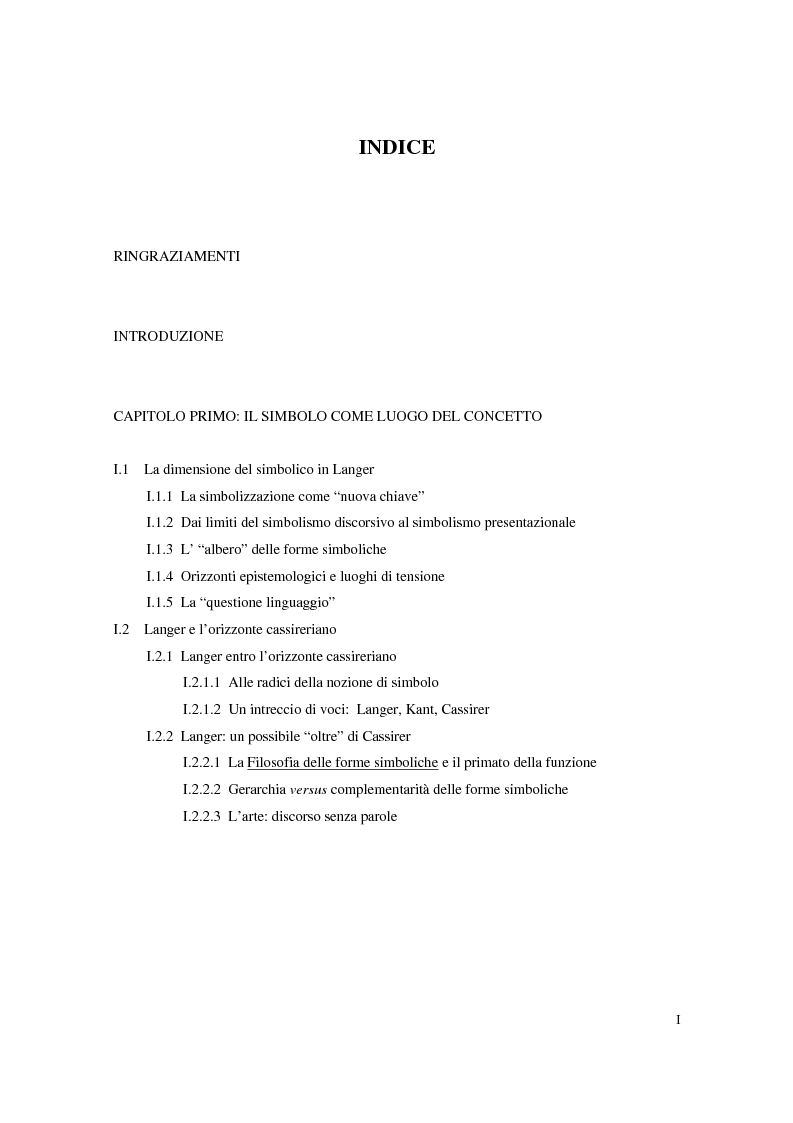 Indice della tesi: L'estetica simbolica in Susan K. Langer, Pagina 1