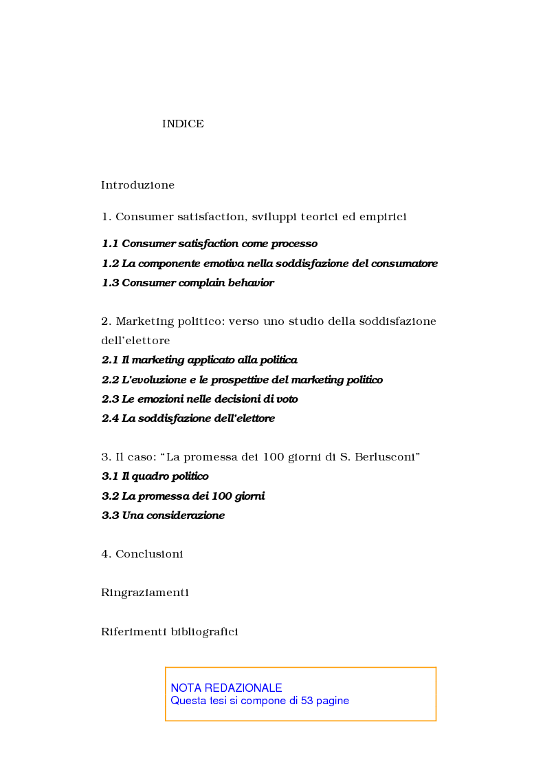 Indice della tesi: Consumer satisfaction e marketing politico, una proposta di studio, Pagina 1