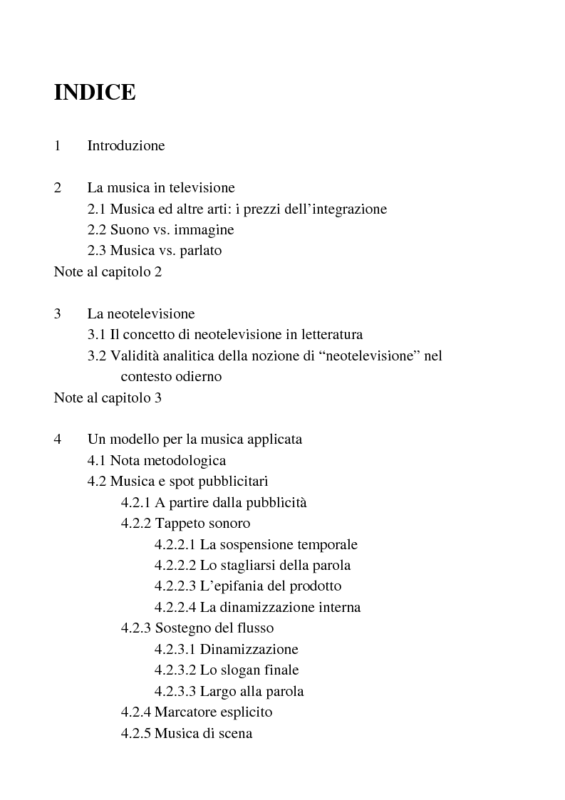 Indice della tesi: Usi della musica nella neotelevisione: una proposta di tassonomia, Pagina 1
