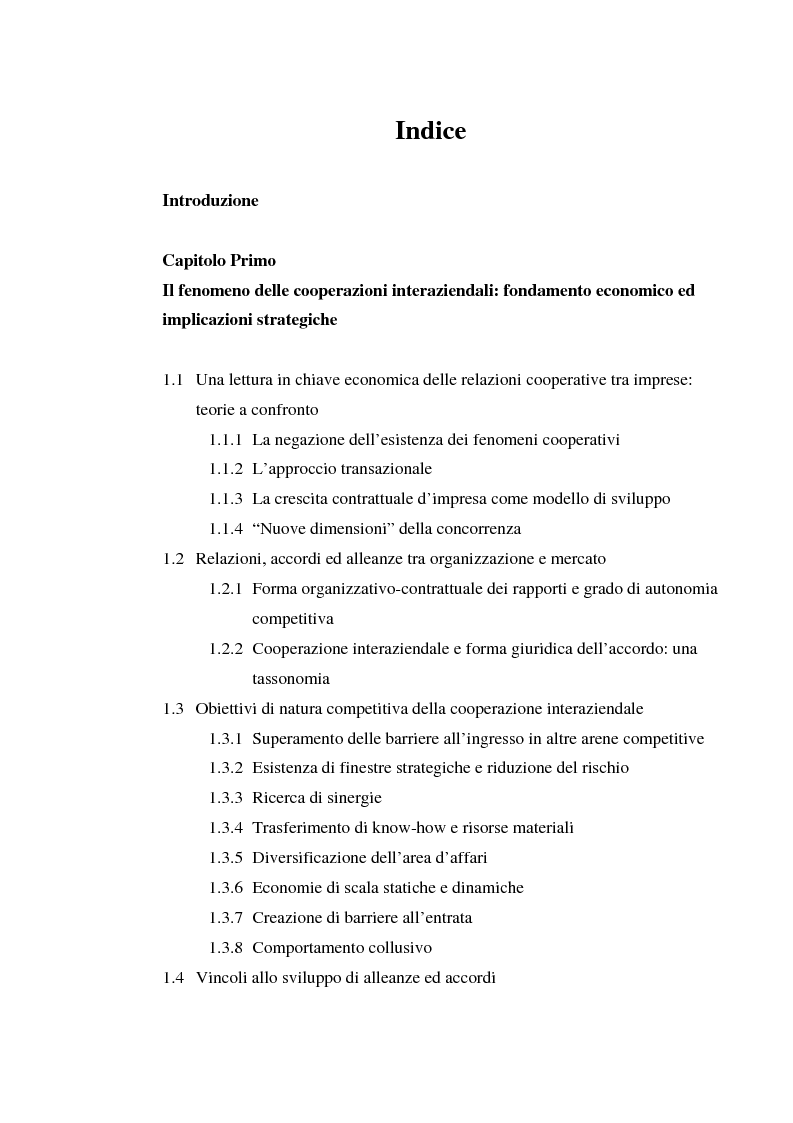 Indice della tesi: Relazioni cooperative tra imprese nell'industria aeronautica civile. Il caso Alenia, Pagina 1