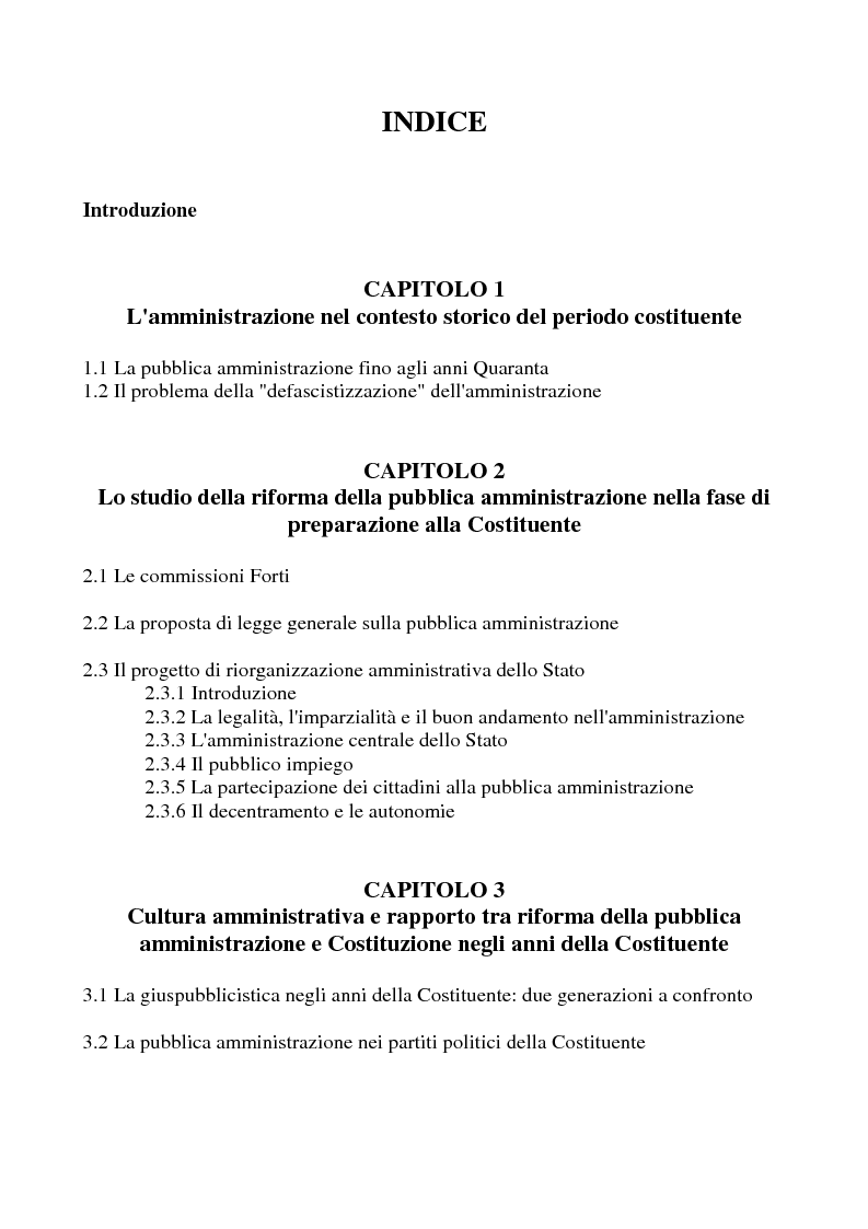 Indice della tesi: Il dibattito sulla riforma della pubblica amministrazione negli anni della ''Costituente'', Pagina 1