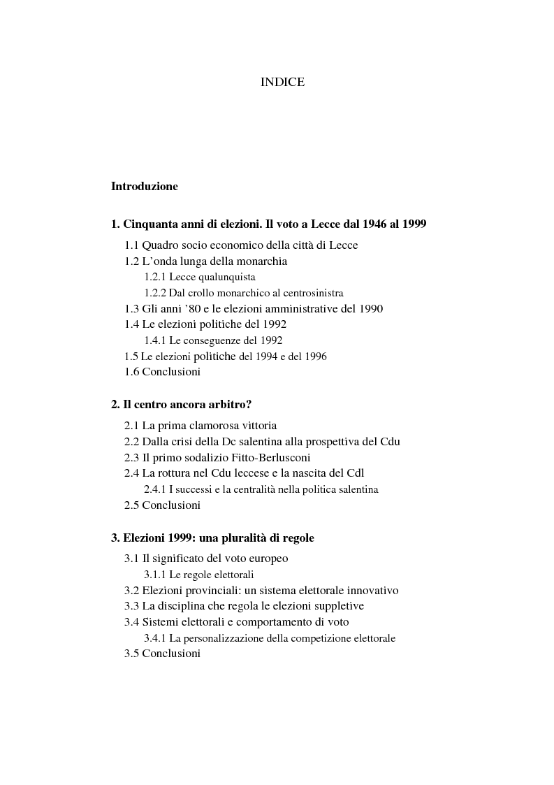 Indice della tesi: Un intenso biennio. Confronto tra quattro diverse elezioni nel Comune di Lecce (1999-2000), Pagina 1