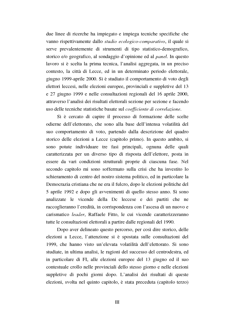 Anteprima della tesi: Un intenso biennio. Confronto tra quattro diverse elezioni nel Comune di Lecce (1999-2000), Pagina 3
