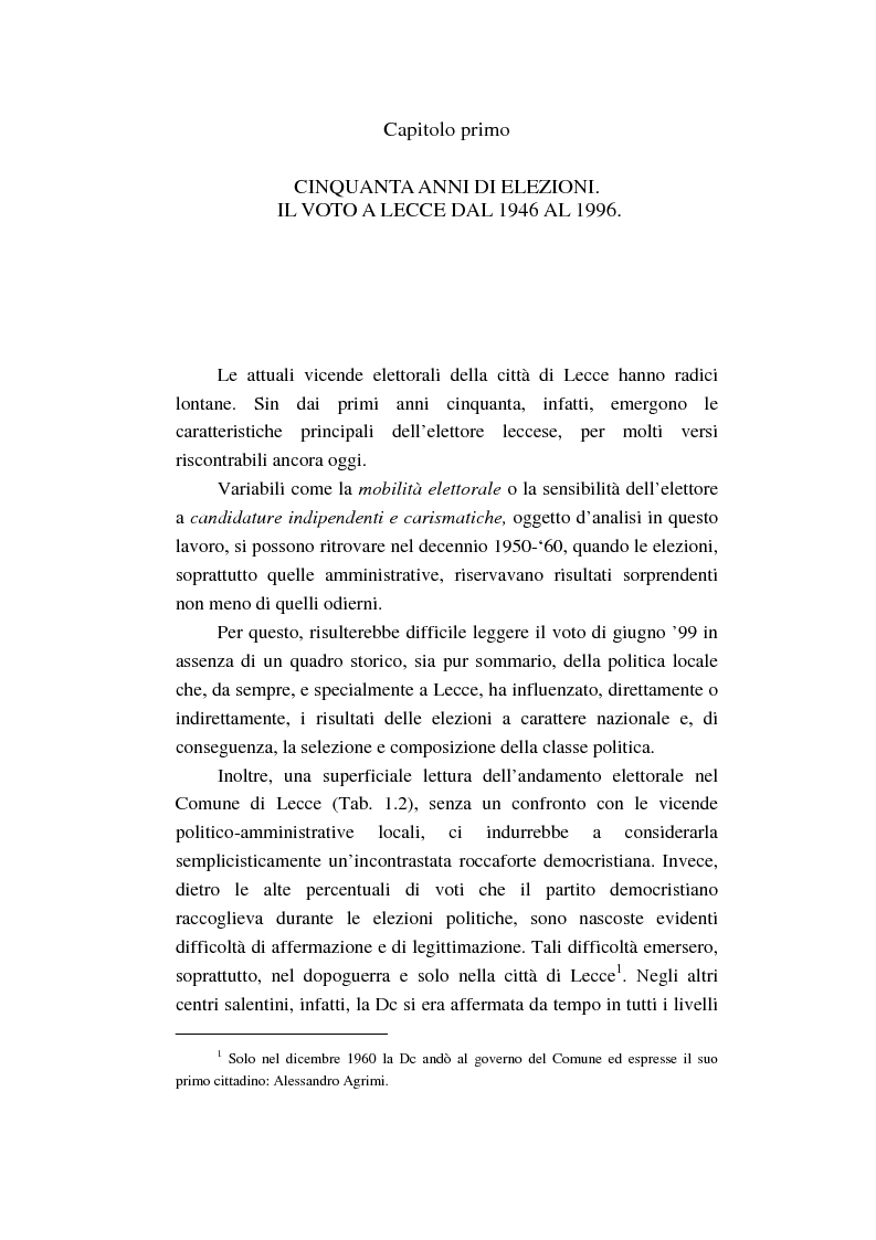 Anteprima della tesi: Un intenso biennio. Confronto tra quattro diverse elezioni nel Comune di Lecce (1999-2000), Pagina 5