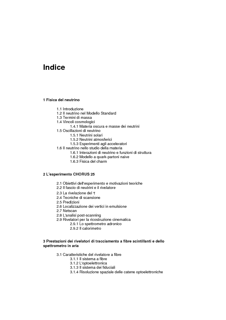 Indice della tesi: Misure cinematiche nell'esperimento Chorus per la ricerca di oscillazione di neutrini, Pagina 1