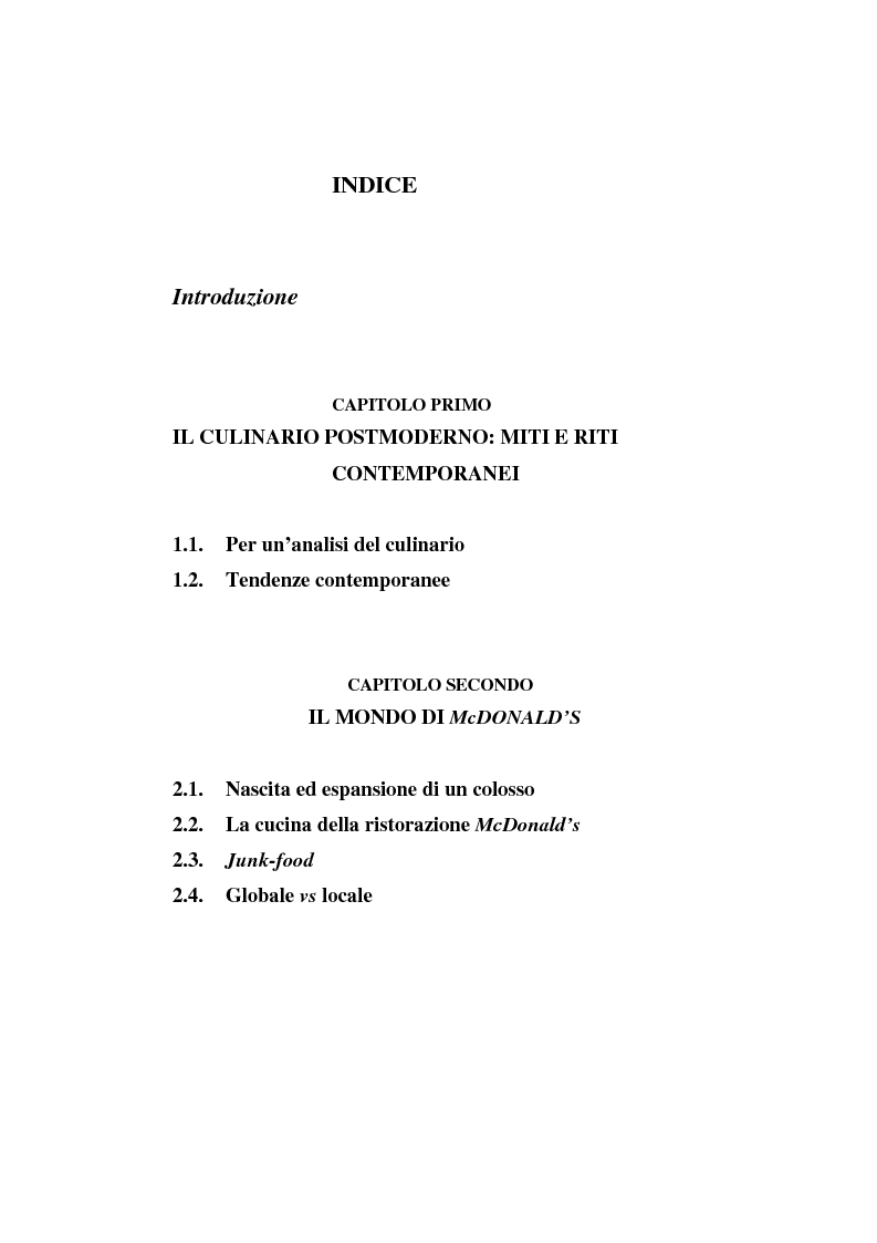 Indice della tesi: Mitologie del postmoderno: da McDonald's alla cucina del territorio, Pagina 1