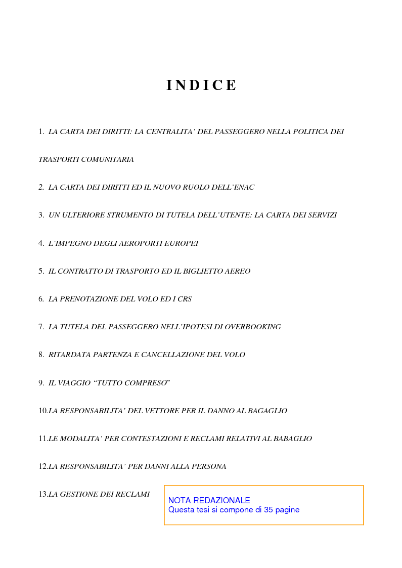 Indice della tesi: La Carta dei Diritti del Passeggero, Pagina 1