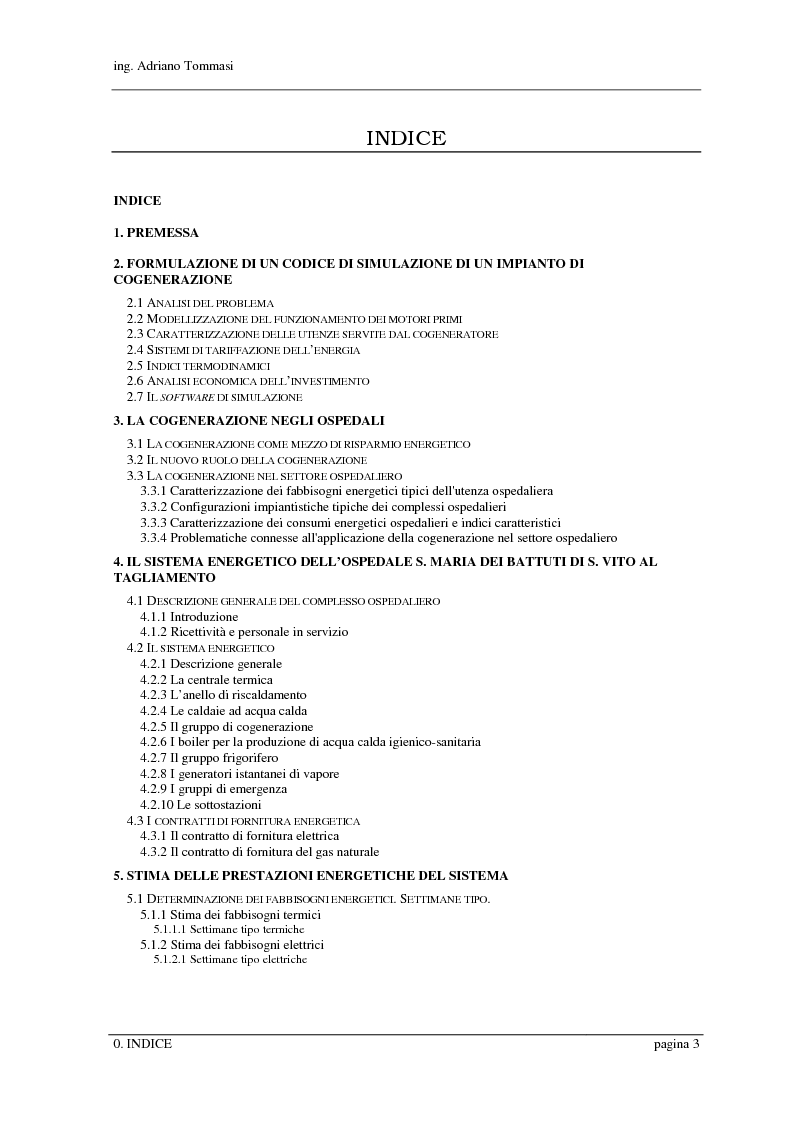 Indice della tesi: Formulazione e validazione di un programma di simulazione di un sistema cogenerativo a servizio di un presidio ospedaliero, Pagina 1