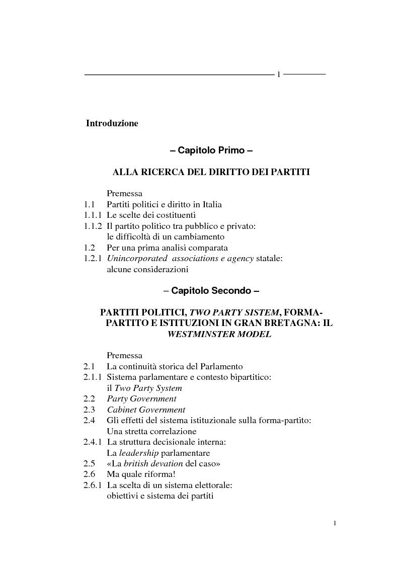Indice della tesi: La forma - partito nel diritto angloamericano e riforme istituzionali in Italia, Pagina 1