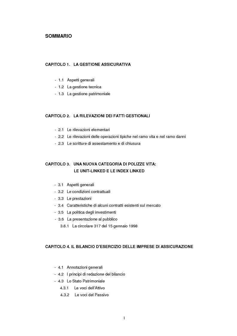 Indice della tesi: Il bilancio di esercizio delle imprese di assicurazione e le polizze unit-linked e index-linked, Pagina 1