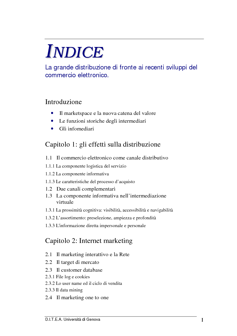 Indice della tesi: La grande distribuzione di fronte ai recenti sviluppi del commercio elettronico, Pagina 1