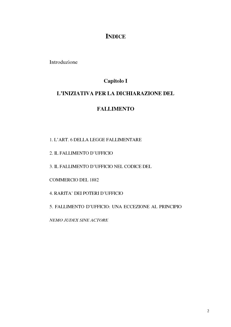 Indice della tesi: L'iniziativa d'ufficio nel fallimento, Pagina 1