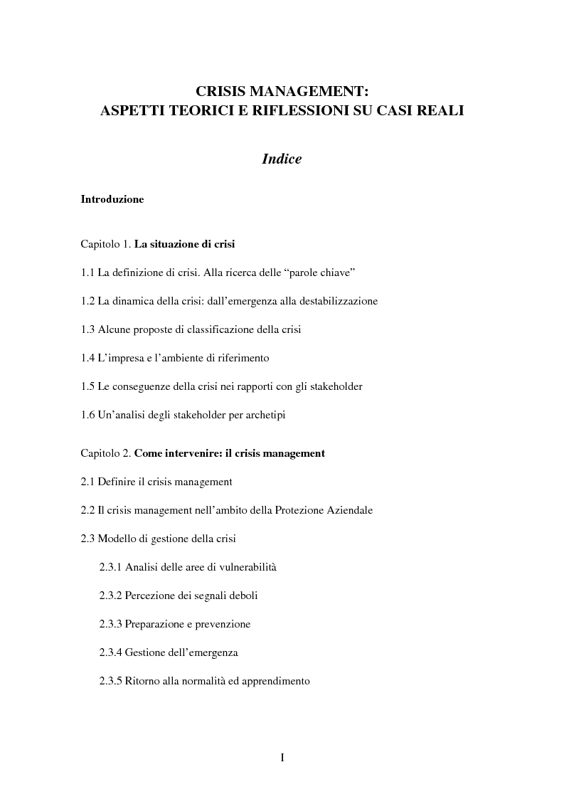 Indice della tesi: Crisis management: aspetti teorici e riflessioni su casi reali, Pagina 1