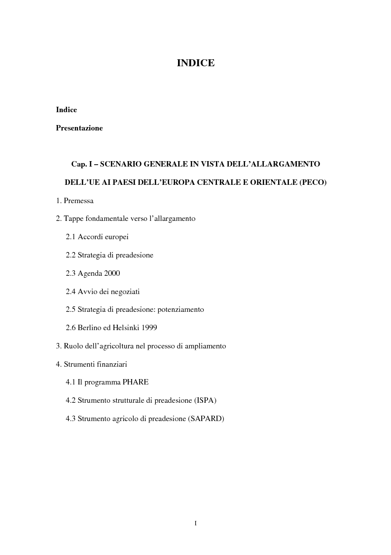 Indice della tesi: Allargamento dell'Unione Europea ai paesi Peco: conseguenze sul settore agricolo, Pagina 1