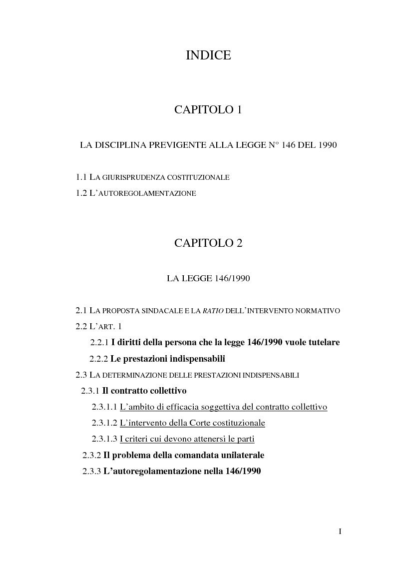 Indice della tesi: La commissione di garanzia nella vecchia e nella nuova disciplina della legge sullo sciopero dei servizi pubblici essenziali, Pagina 1