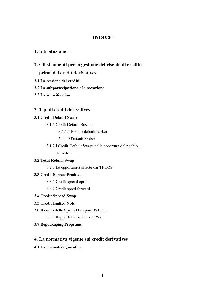 Indice della tesi: Il mercato dei credit derivatives, Pagina 1