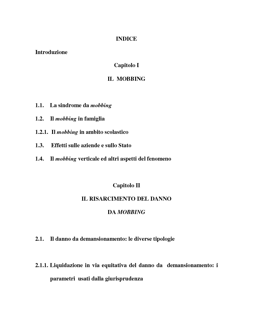 Indice della tesi: Il mobbing: concetto e fenomenologia giuridica, Pagina 1