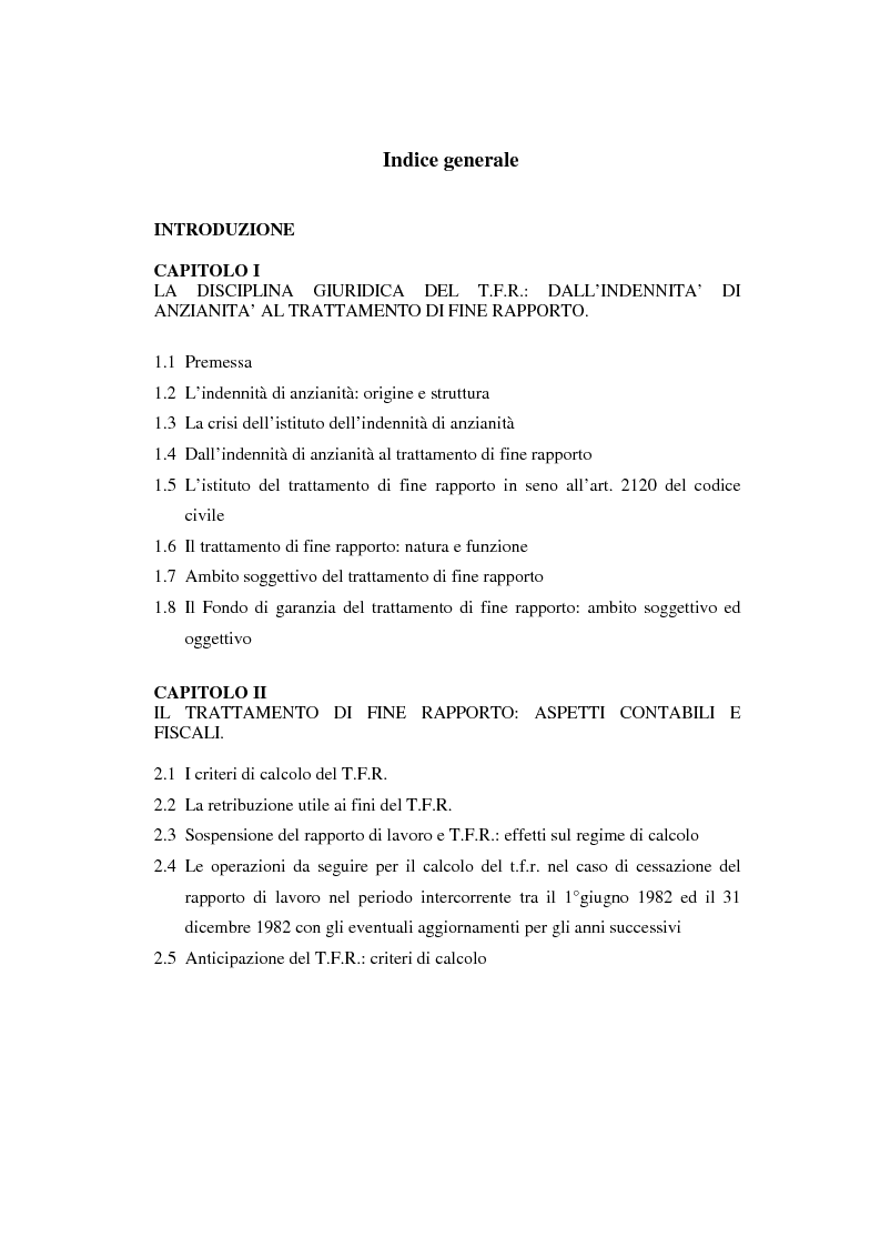 Indice della tesi: Il T.F.R. e la previdenza integrativa nei bilanci S.p.A., Pagina 1