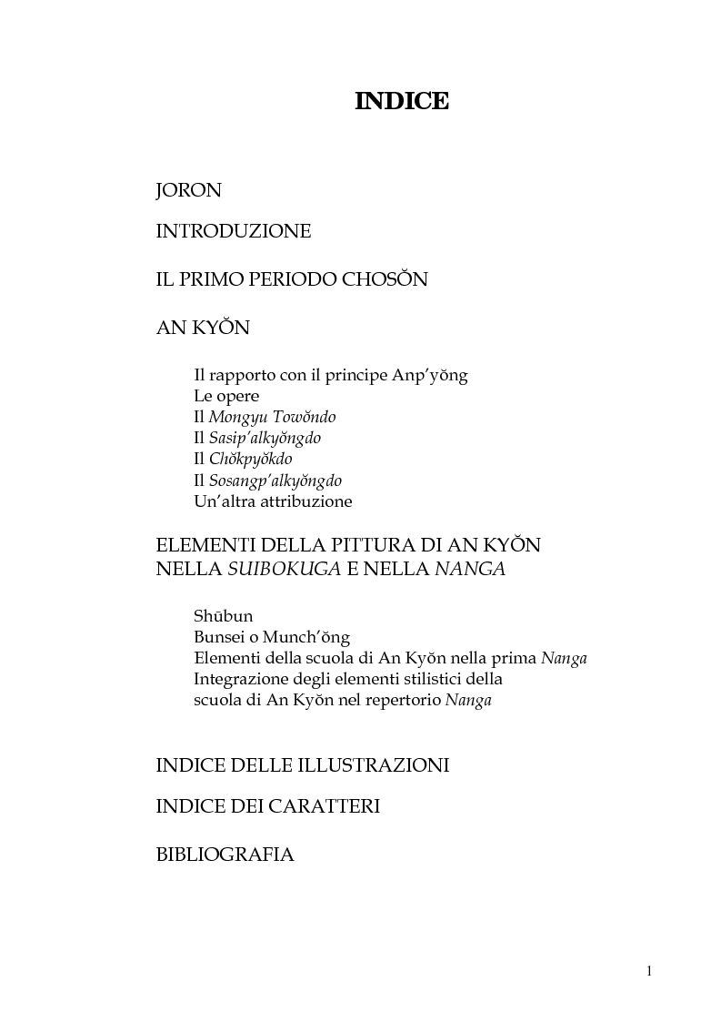 Indice della tesi: An Kyon il suo influsso sulla pittura giapponese: da Shubun a Chikuden, Pagina 1