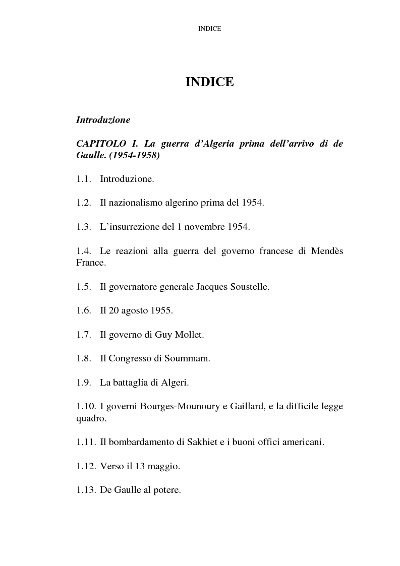 Indice della tesi: Il problema algerino e de Gaulle, Pagina 1
