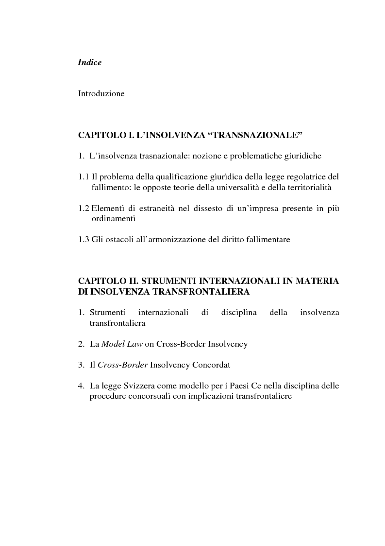Indice della tesi: Il fallimento transfrontaliero nel regolamento comunitario 1346/2000 del 29 maggio 2000, Pagina 1