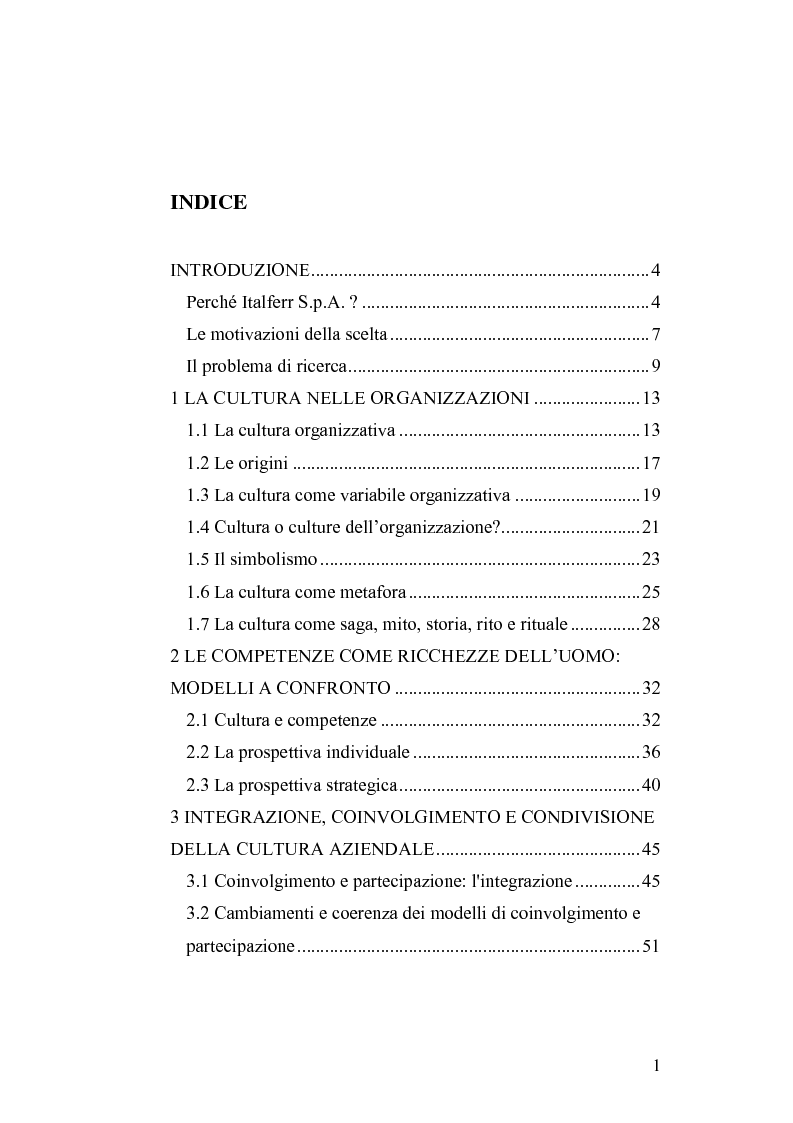 Indice della tesi: Il cambiamento culturale. Sviluppo, aggiornamento e consolidamento delle competenze: il caso Italferr, Pagina 1