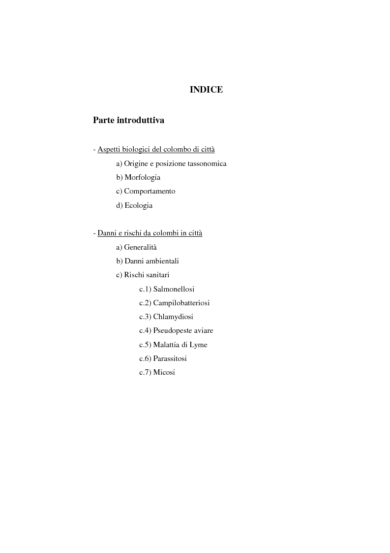 Indice della tesi: Ricerche ed osservazioni sullo stato sanitario dei colombi della Città di Palo del Colle, Pagina 1