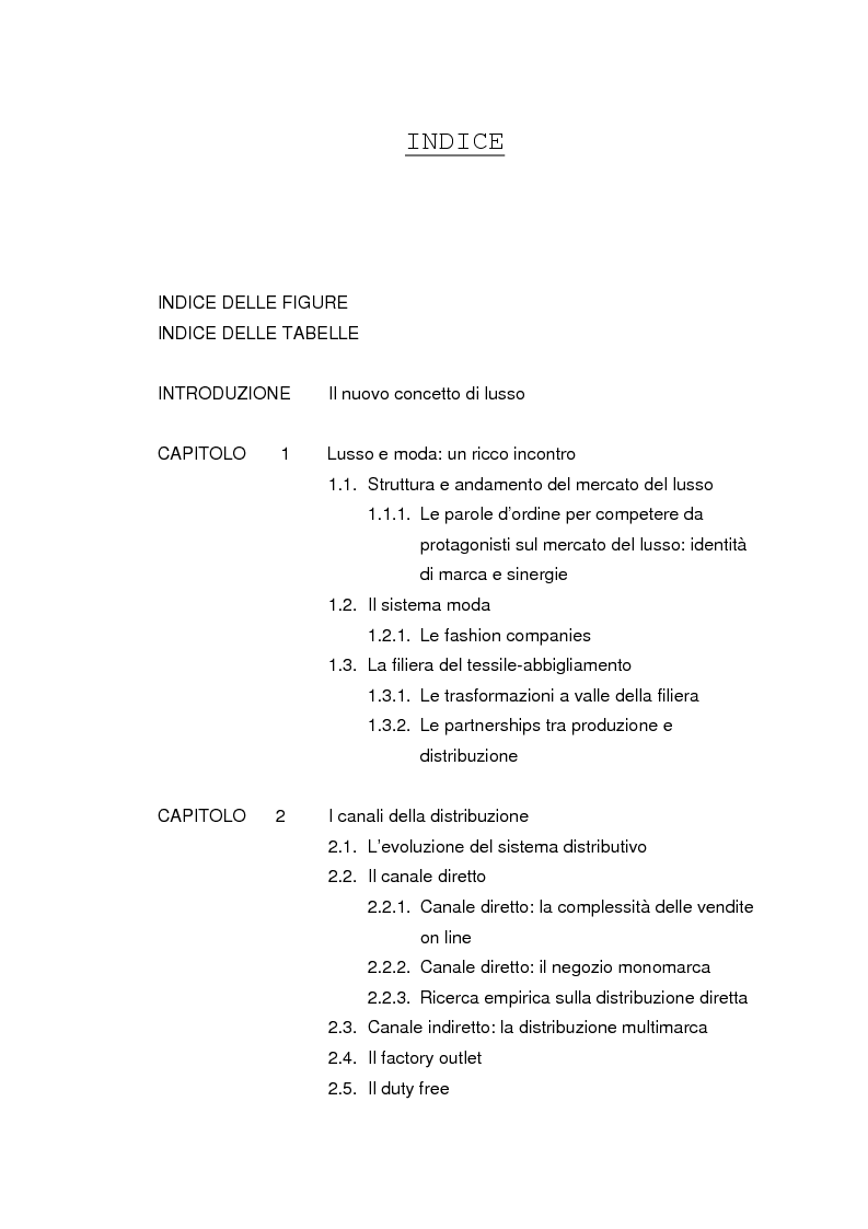 Indice della tesi: Le sfide della distribuzione diretta per le Luxury Brands, Pagina 1