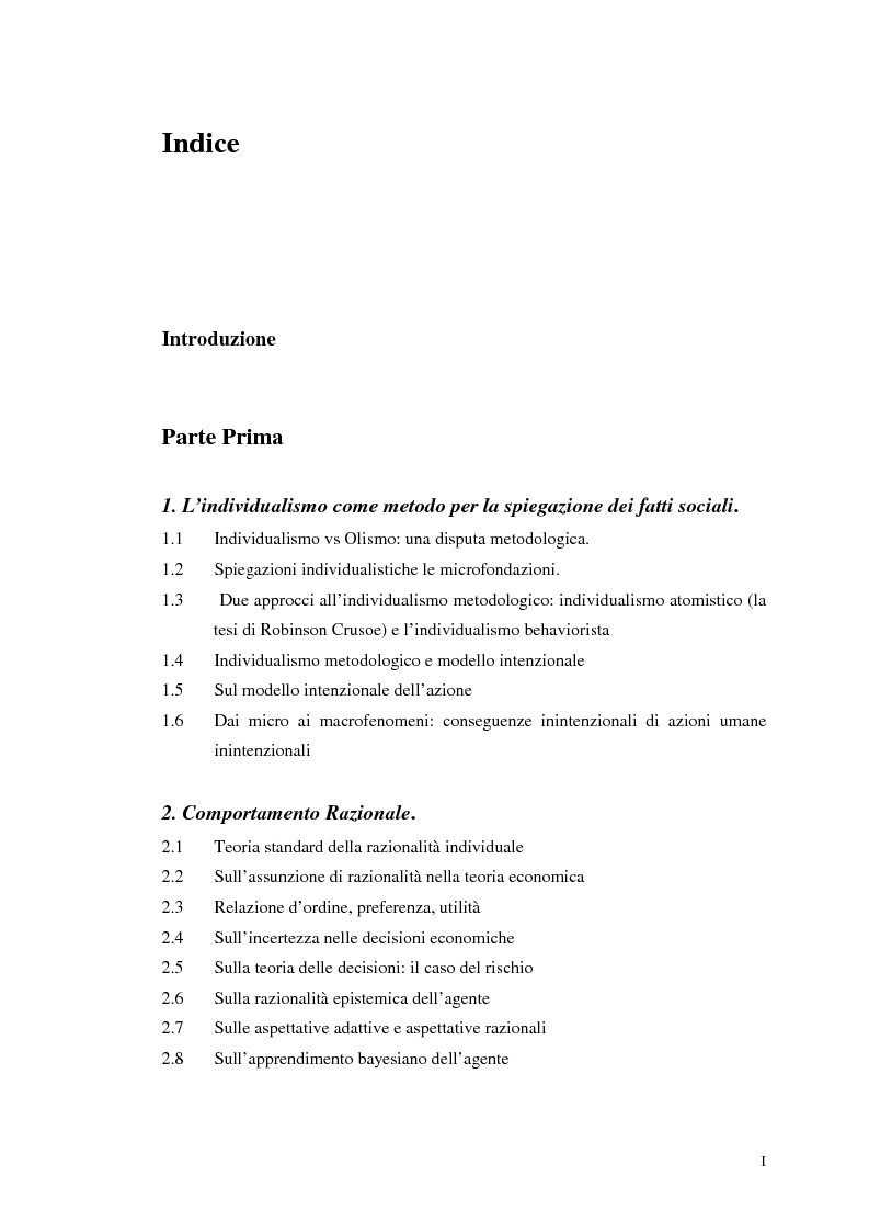 Indice della tesi: Dall'individualismo alla cooperazione nella teoria della scelta economica, Pagina 1