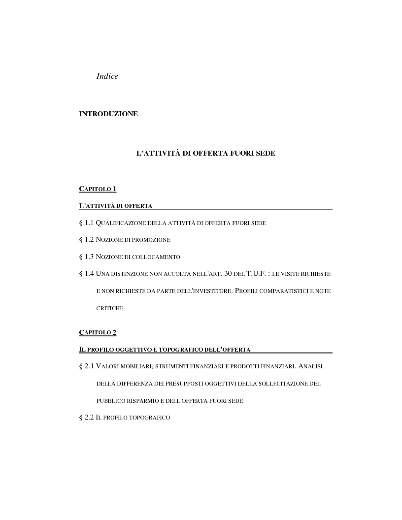 Indice della tesi: L'attività di offerta fuori sede e a distanza di servizi e strumenti finanziari, Pagina 1