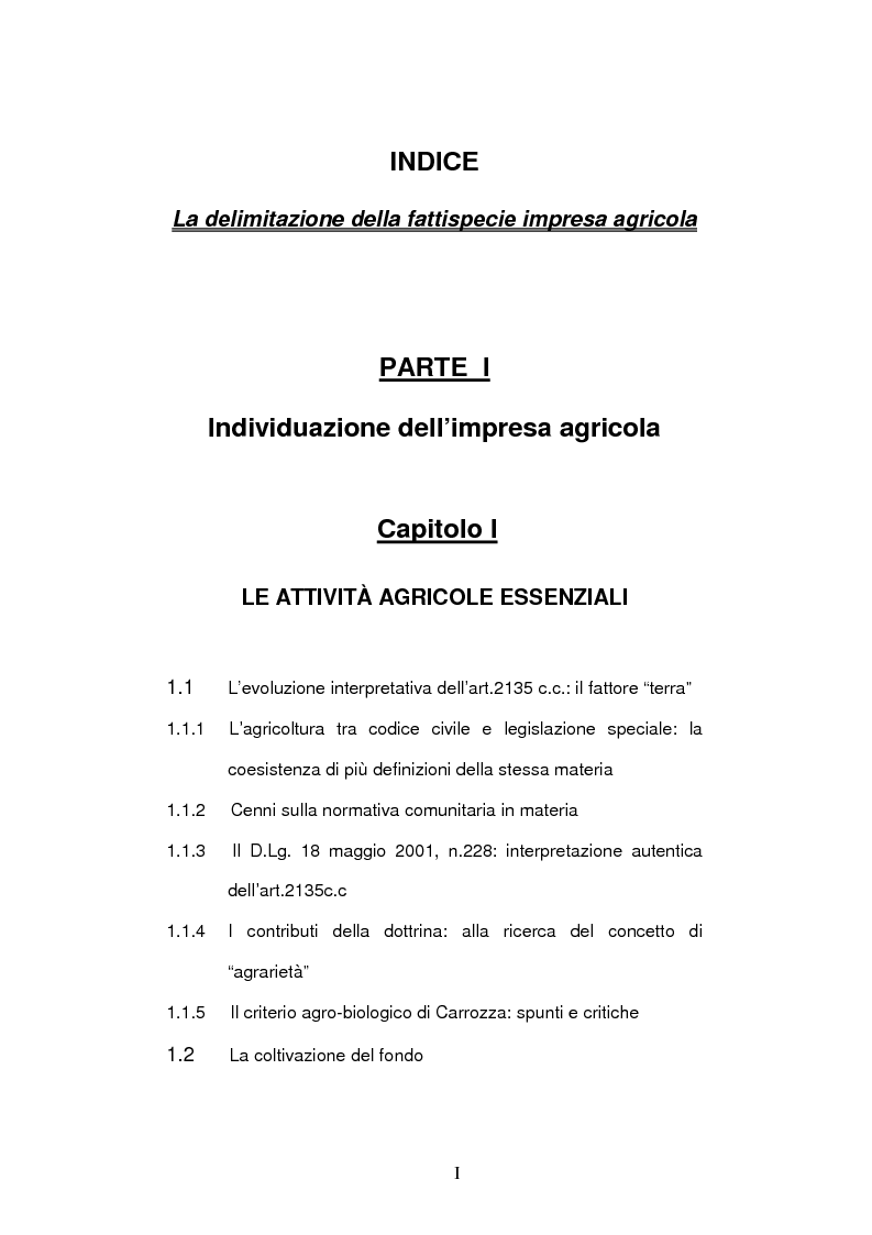Indice della tesi: La delimitazione della fattispecie impresa agricola, Pagina 1