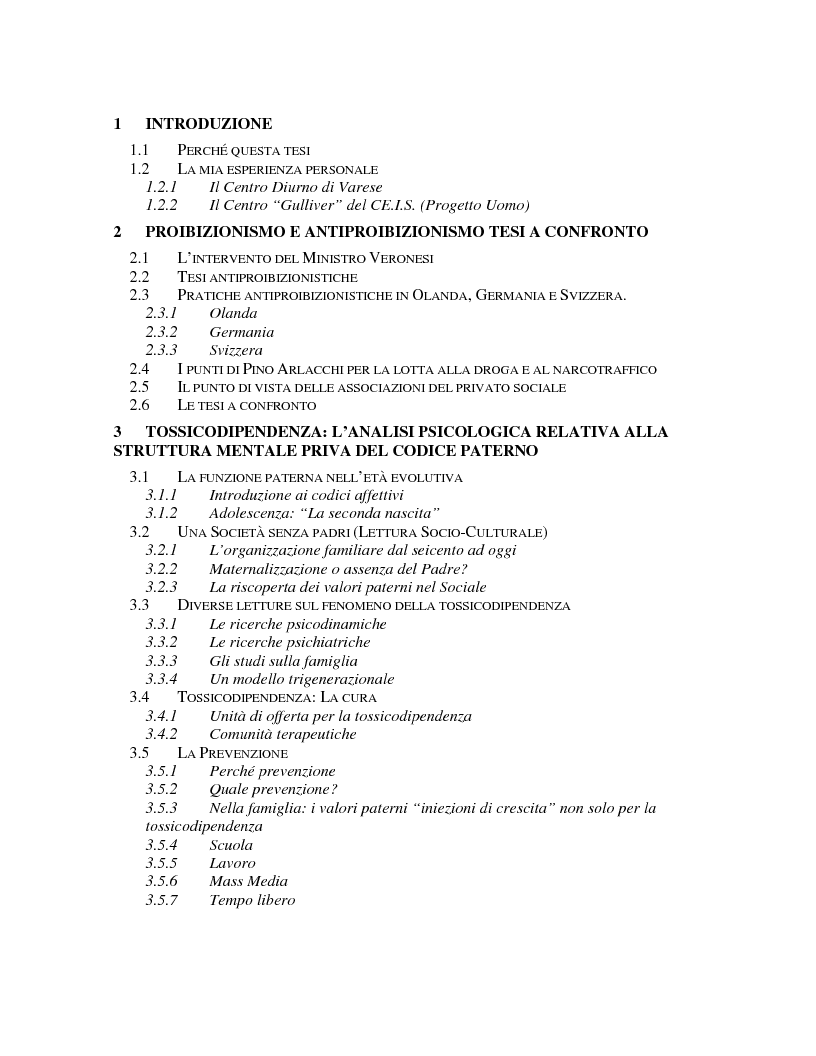 Indice della tesi: La funzione paterna nella tossicodipendenza, Pagina 1