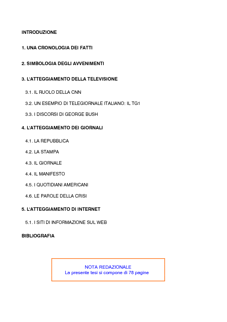 Indice della tesi: Gli attentati terroristici dell'11 settembre 2001 nei principali media, Pagina 1