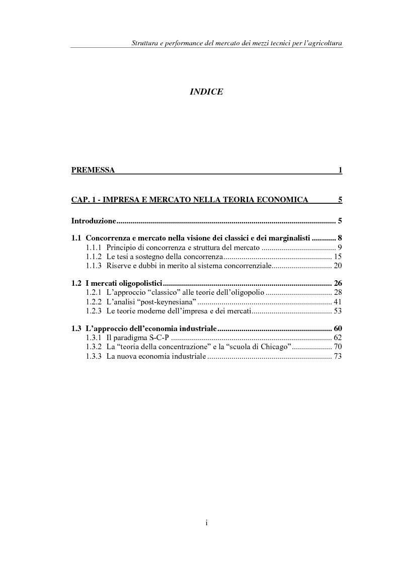 Indice della tesi: Struttura e performance del mercato dei mezzi tecnici per l'agricoltura: fertilizzanti, fitofarmaci e sementi, Pagina 1