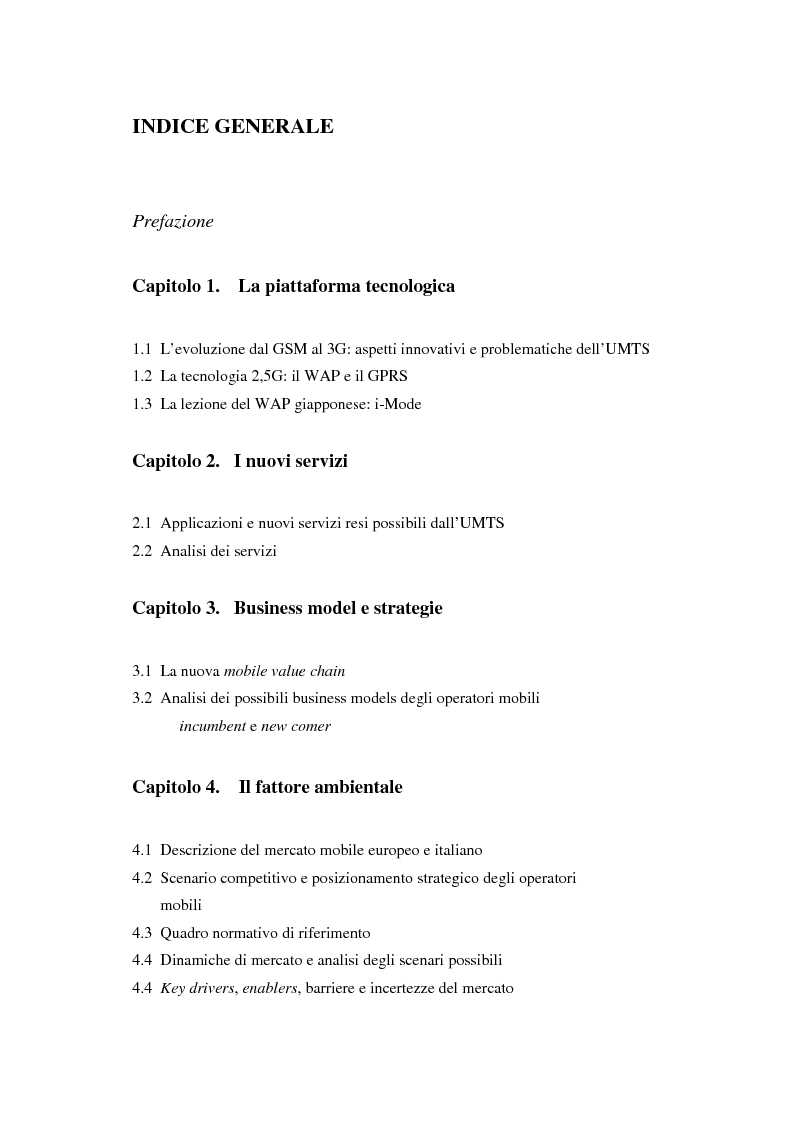 Indice della tesi: Le soluzioni organizzative adottate dagli operatori di telefonia mobile per lo sviluppo dell'Umts, Pagina 1