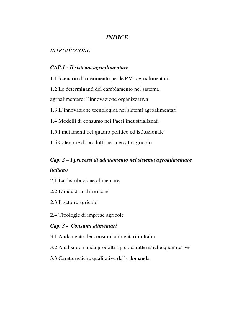 Indice della tesi: Le strategie di adattamento delle imprese locali di produzione tipica in relazione ai comportamenti di consumo, Pagina 1