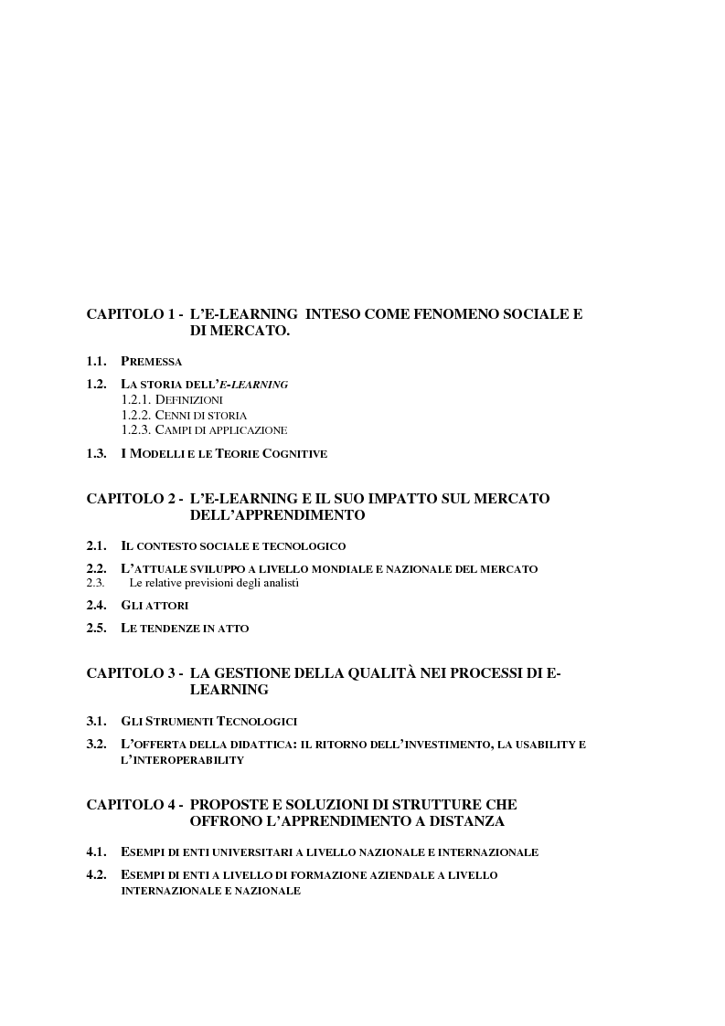 Indice della tesi: Teorie, modelli e sviluppi del mercato a livello internazionale e nazionale riguardanti processi di e-learning, Pagina 1