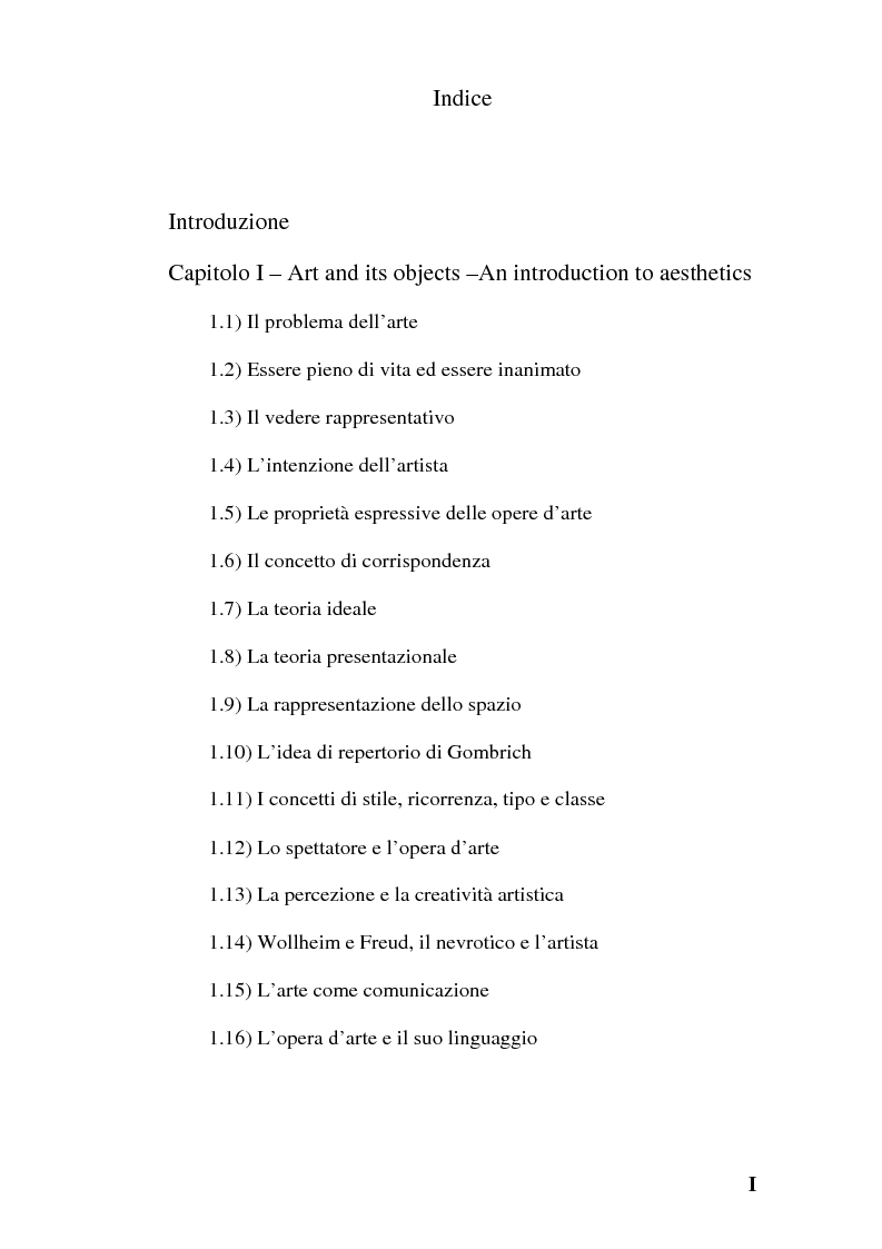 Indice della tesi: Il pensiero estetico di R. Wollheim, Pagina 1