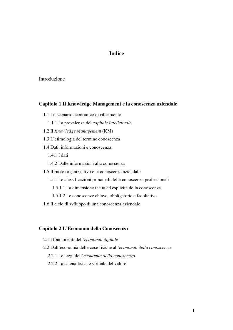 Indice della tesi: Le nuove determinanti dell'organizzazione aziendale: il modello Knowledge Management, Pagina 1