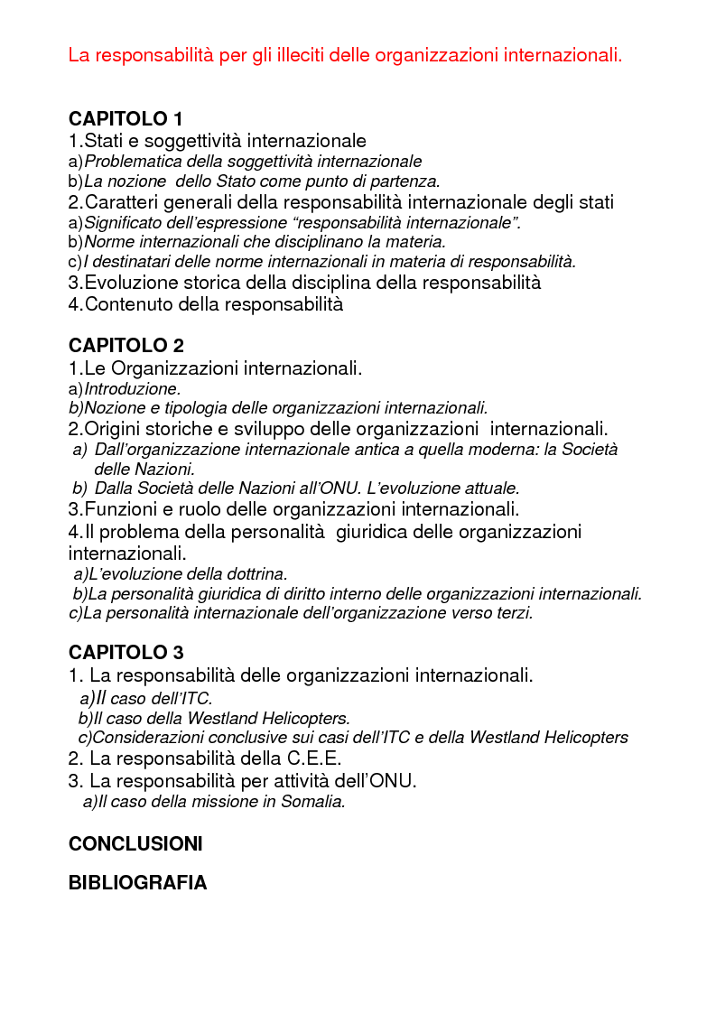Indice della tesi: La responsabilità per gli illeciti delle organizzazioni internazionali, Pagina 1