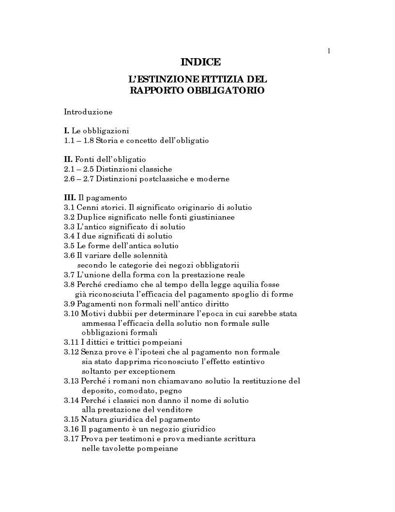Indice della tesi: L'estinzione fittizia del rapporto obbligatorio, Pagina 1