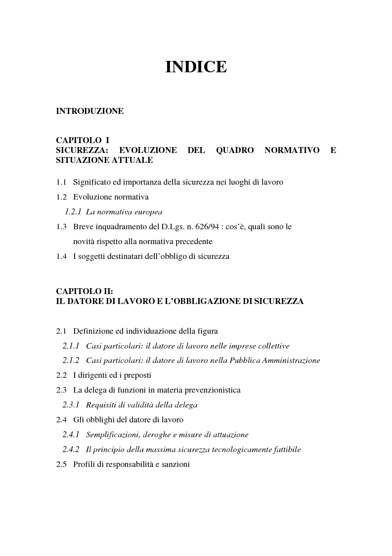 Indice della tesi: I soggetti predisposti all'obbligo di attuazione della sicurezza nel D. Lgs. n. 626/94, Pagina 1