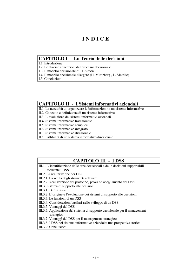 Indice della tesi: I sistemi di supporto alle decisioni aziendali ''Decision Support System'', Pagina 1