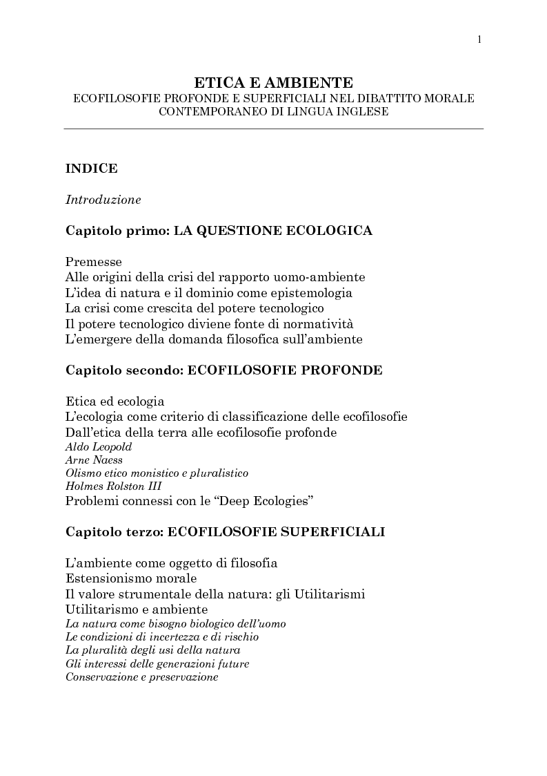 Indice della tesi: Etica e ambiente, Pagina 1