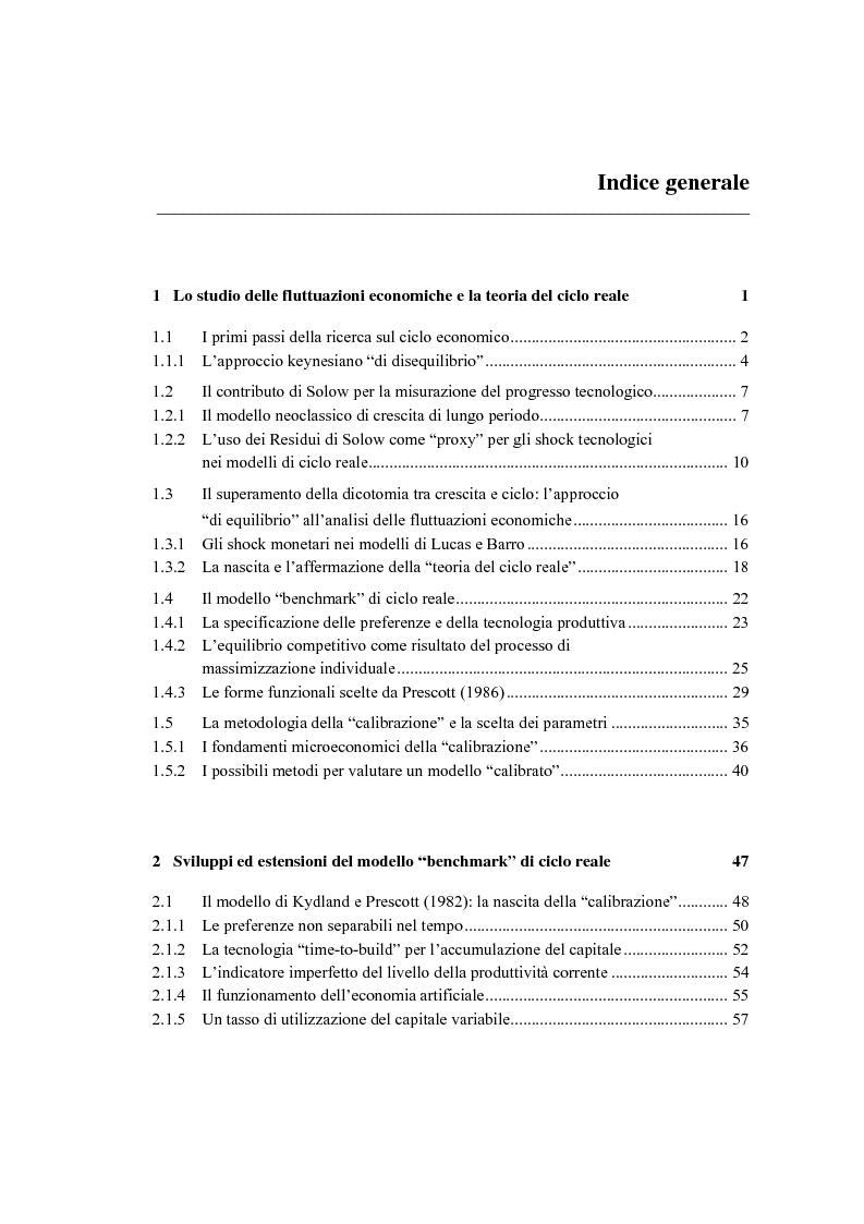 Indice della tesi: Ciclo reale e metodologia di ''calibrazione'': sviluppi teorici ed esperimenti computazionali, Pagina 1