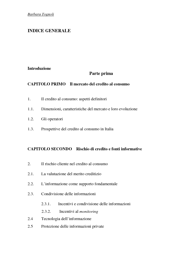 Indice della tesi: L'attività dei credit bureaus e la valutazione del rischio nel credito al consumo, Pagina 1