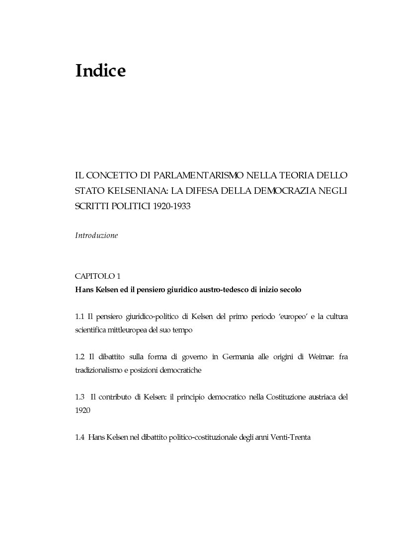 Indice della tesi: Il concetto di parlamentarismo nella teoria dello Stato kelseniana: la difesa della democrazia negli scritti politici 1920-1933, Pagina 1