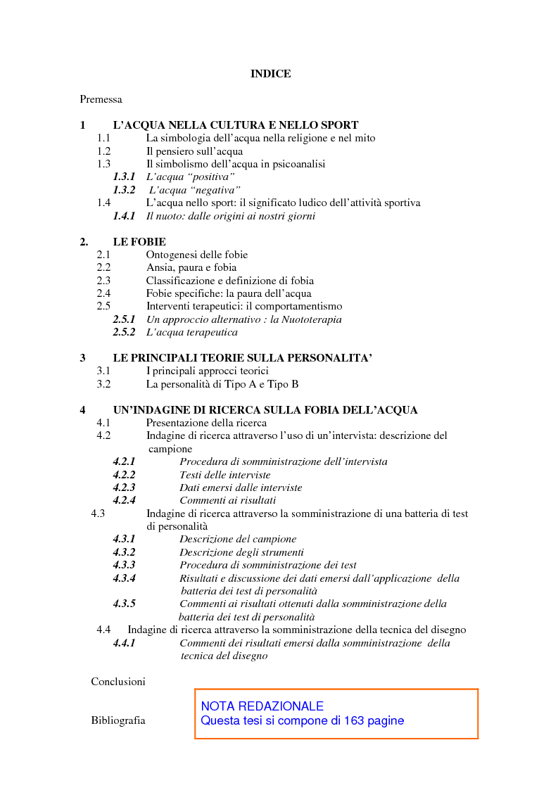 Indice della tesi: Fobia dell'immersione in acqua: aspetti personologici, Pagina 1