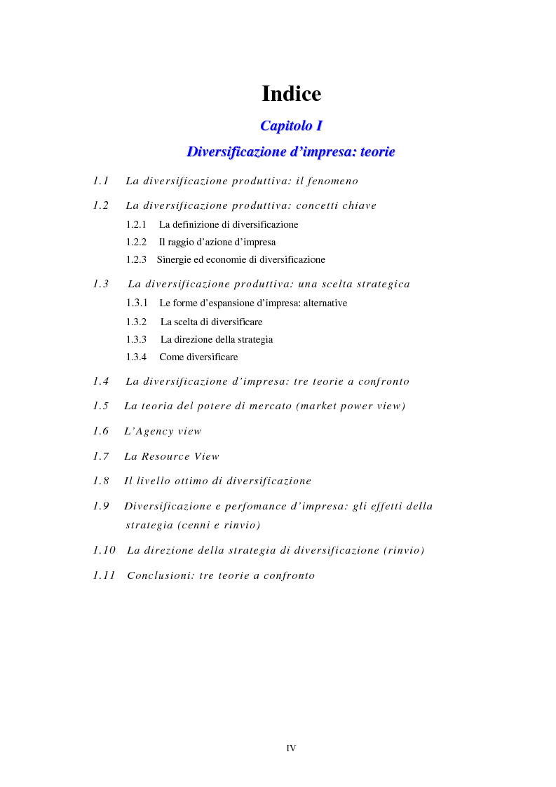 Indice della tesi: Diversificazione e coerenza d'impresa: un'applicazione alle imprese leader nell'industria manifatturiera italiana (1993-1996), Pagina 1