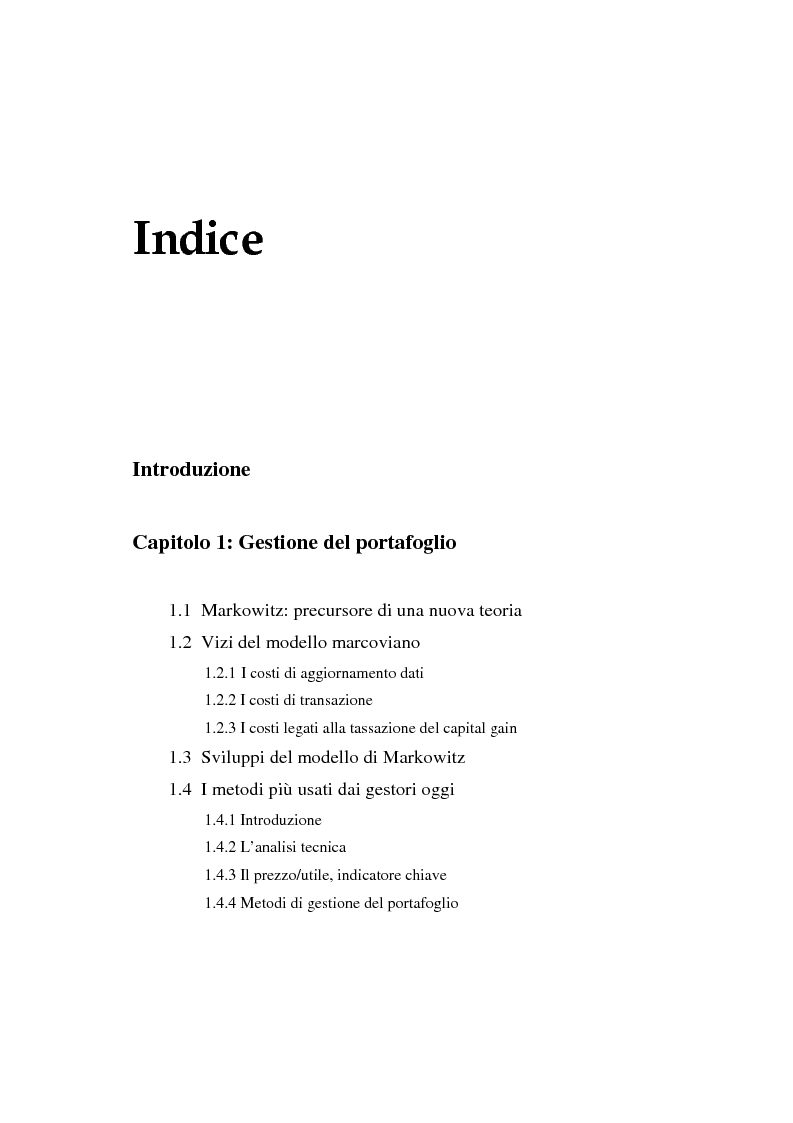 Indice della tesi: Gestione del portafoglio: generazione di scenari e applicazioni al mercato azionario italiano, Pagina 1